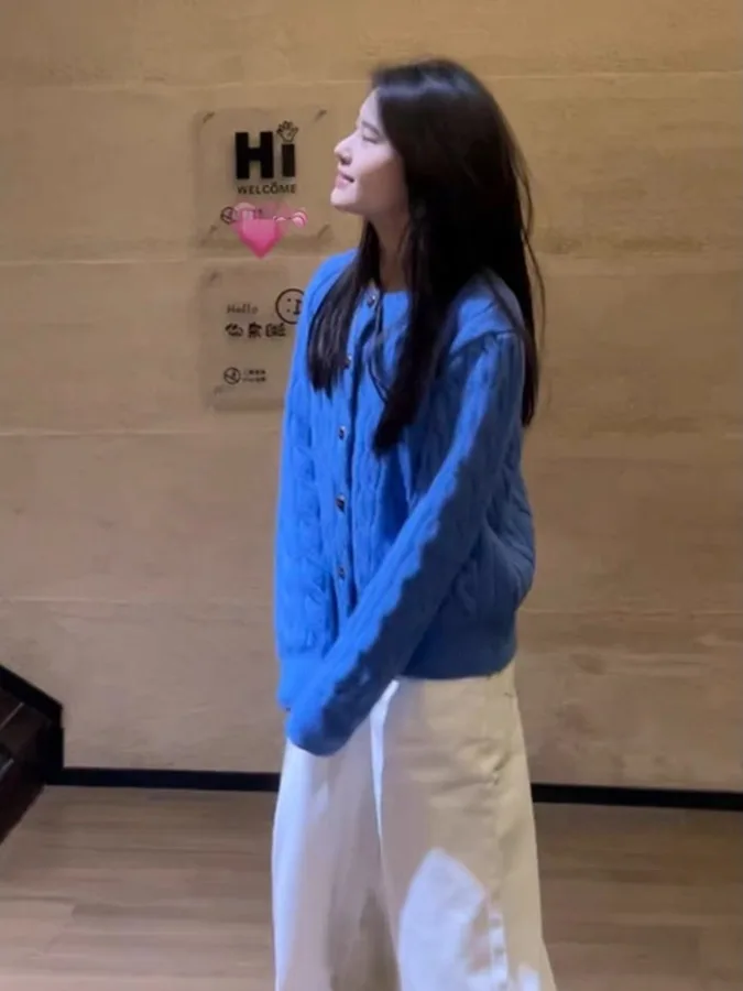 

Свободный синий вязаный свитер-пальто в стиле кэжуал для женщин, осенняя новинка, мягкий длинный свитер с круглым вырезом