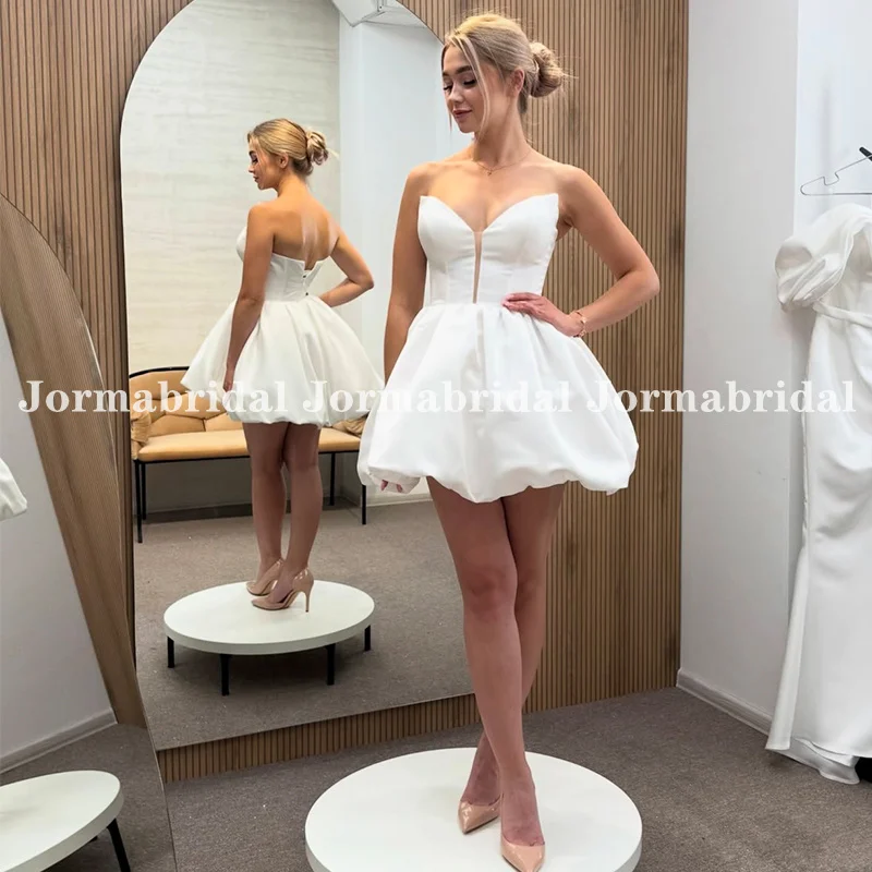 Satin Bubble Skirt Mini Wedding Dress Sleeveless Deep V-neck Insert Skin Mesh Above Knee Gowns for Bride 2026 Lacing Up Back