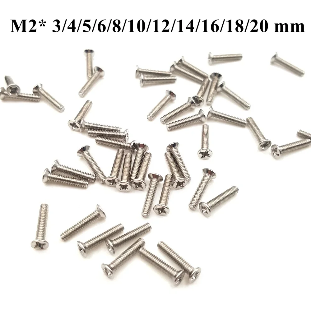 100PC  M2 X 3/4/5/6/8/10/12/14/16/18/20 MM Carbon Steel Nickelage Flat head Philips Screw Precision Electronic Screw
