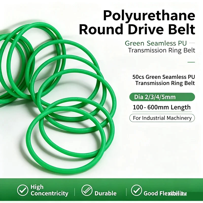 5Pcs Green PU Round Transmission Belt Seamless Splicing Drive Belt Dia 2/3/4/5mm L=100-600mm Polyurethane Conveyor Ring Belt