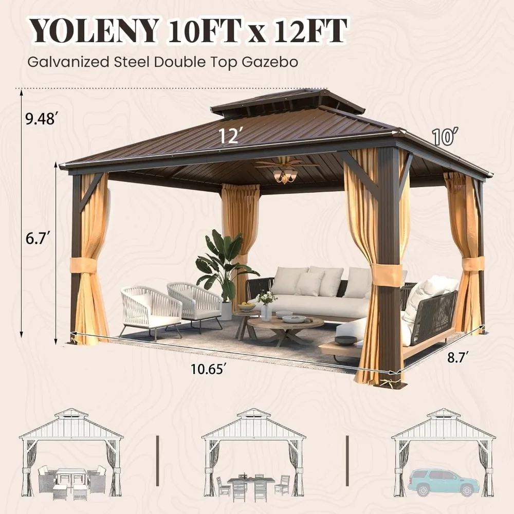 جناح صلب 10 × 12 بوصة، جناح معدني بإطار من الألومنيوم، سقف فولاذي مجلفن بطبقة مزدوجة، بما في ذلك الستائر والشبكة