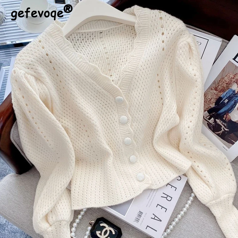 Women Trendy Hollow Kawaii Chic Outewear Single Breasted Knitted Cardigan Y2K Female Casual Sweet Solid Long Sleeve Sweater Coat