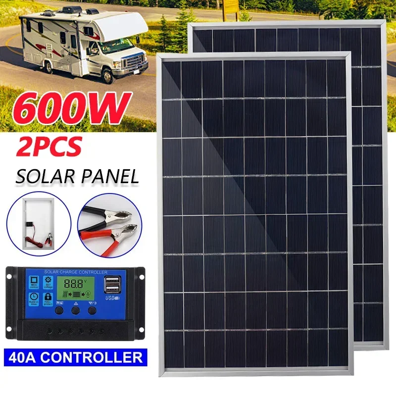 

12V Solar Panel Kit Complete 600W Capacity Polycrystalline USB Power Portable Outdoor Rechargeable Solar Cell Generator for Home