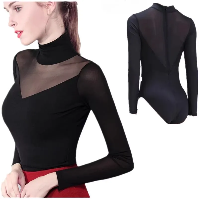 

customized one-piece dance suit semi high neck bodysuit ballet practice suit adult women's gymnastics jumpsuit black