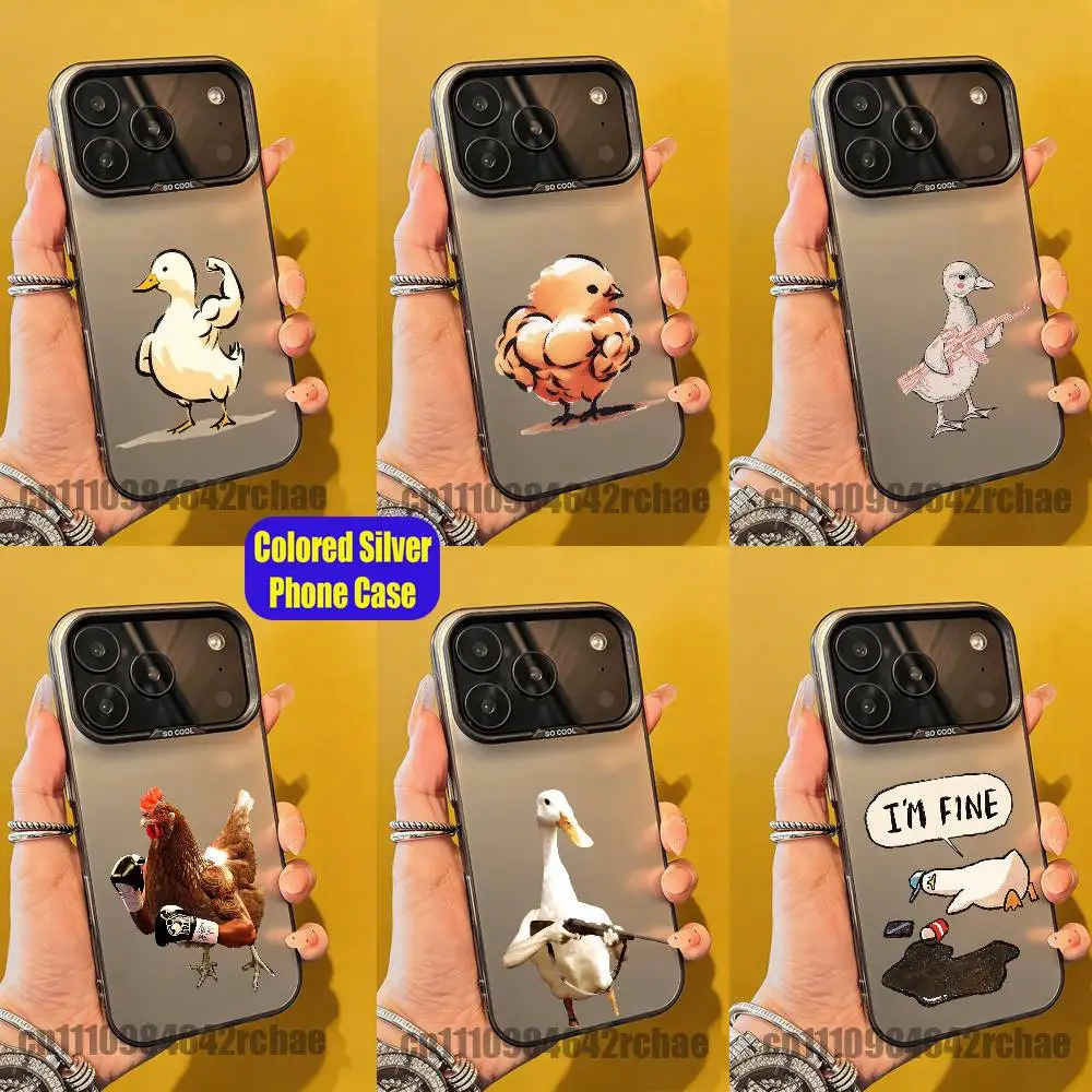 For Funny Fighting Fitness Duck Chicken Phone Case iPhone 15,17,11,14,13,16,12,E,Max,Plus,Air,Pro,Mini Colored Silver Cover