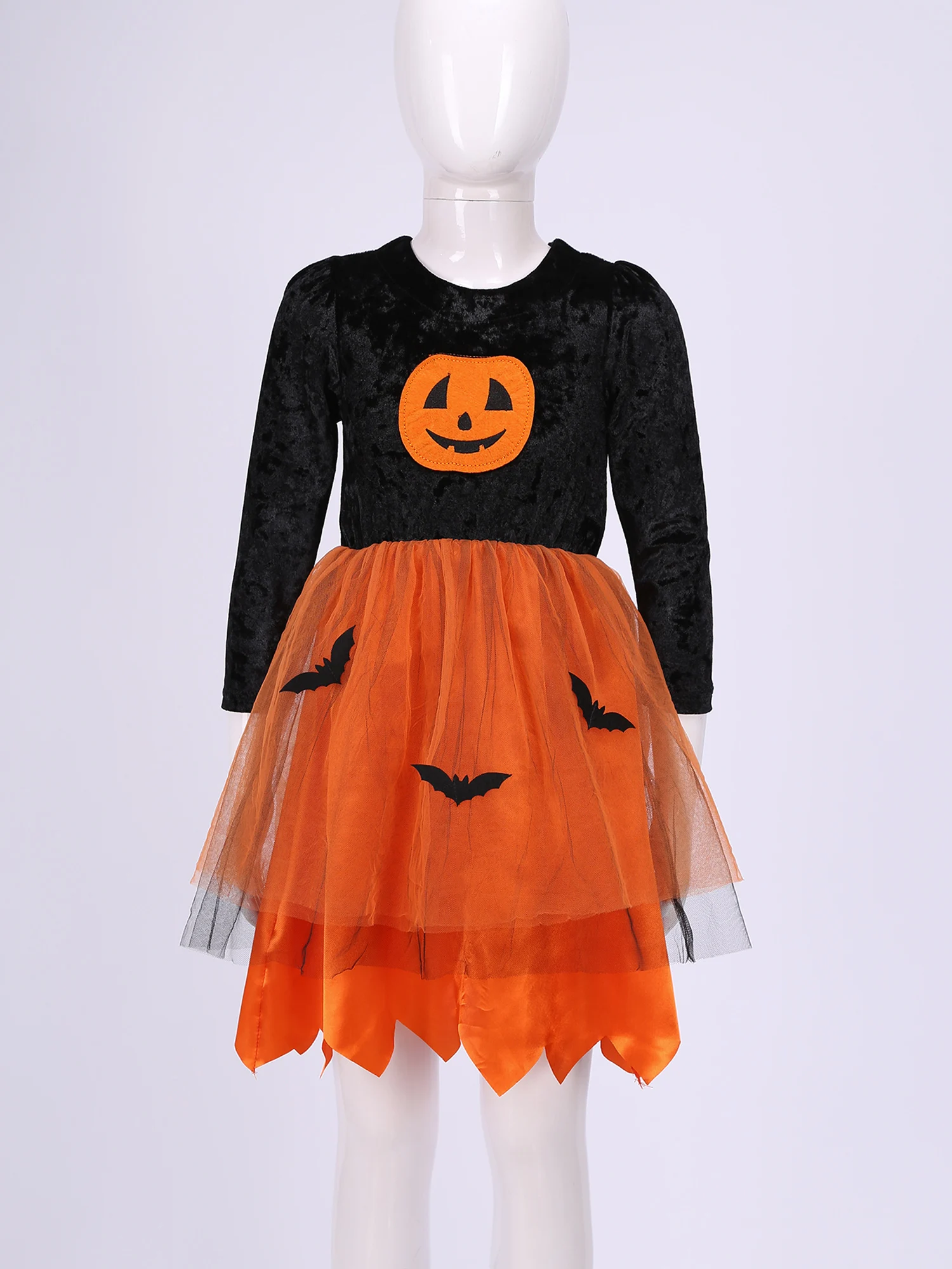 Halloween Kids Girls Pumpkin Bat Dress Up Costumes Long Sleeve Velvet Tulle Tutu Dress Carnival Party Pumpkin Costumes