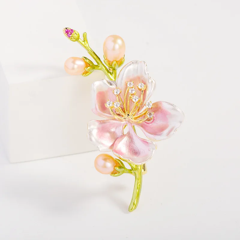 Chinese Style Lucky Auspicious Peach Blossom Brooch With Pearl Accents Elegant Floral Branch Pin Trendy Jewelry For Women Gift