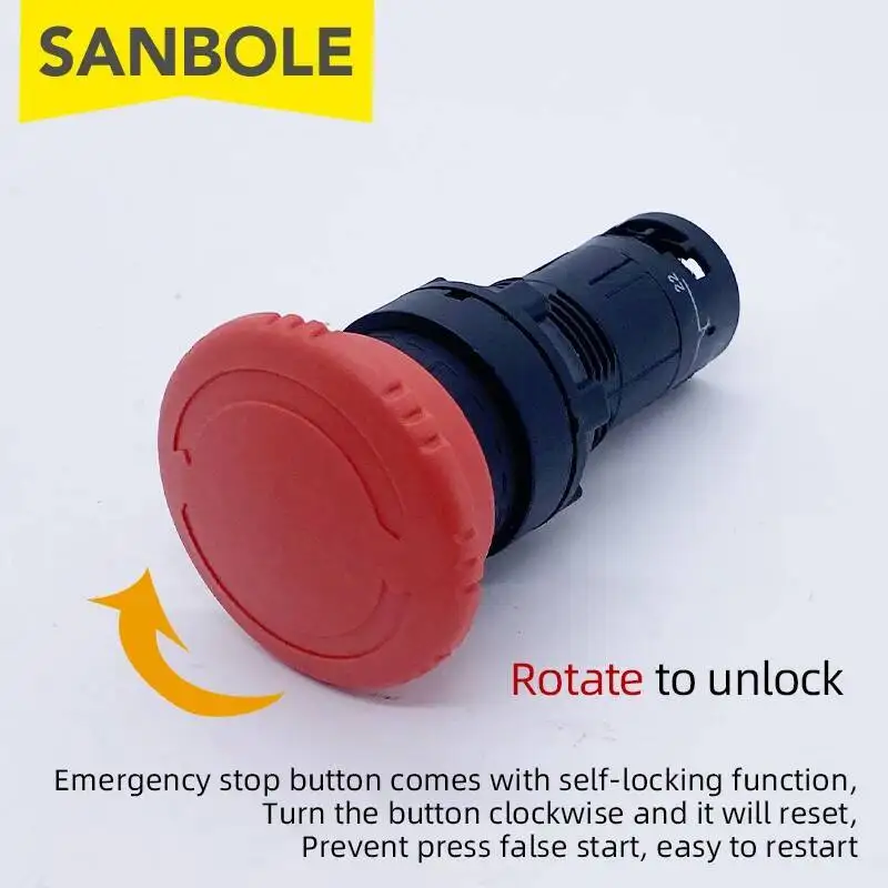 البلاستيك الأحمر الفطر رئيس الطوارئ وقف دفع زر التبديل ، فتح حفرة ، الفضة الاتصال ، لا NC الجولة ، 22 مللي متر ، XB7-ES545 ، 2 قطعة #2