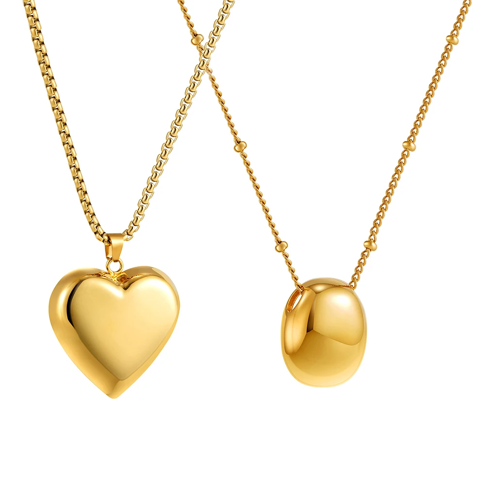 

New Punk Rock Thick Love Heart Pendant Necklace 18K Gold Plated Round Bead Chain Hemispheres Choker Unisex Jewelry Collar Hombre