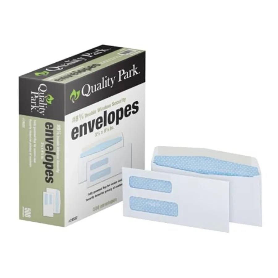 

® #8-5/8 Double Window Envelopes, Security Tint Envelopes, 3-5/8 x 8-5/8, Gummed, 24 lb White Paper, Side Seams, 500 per Box QU