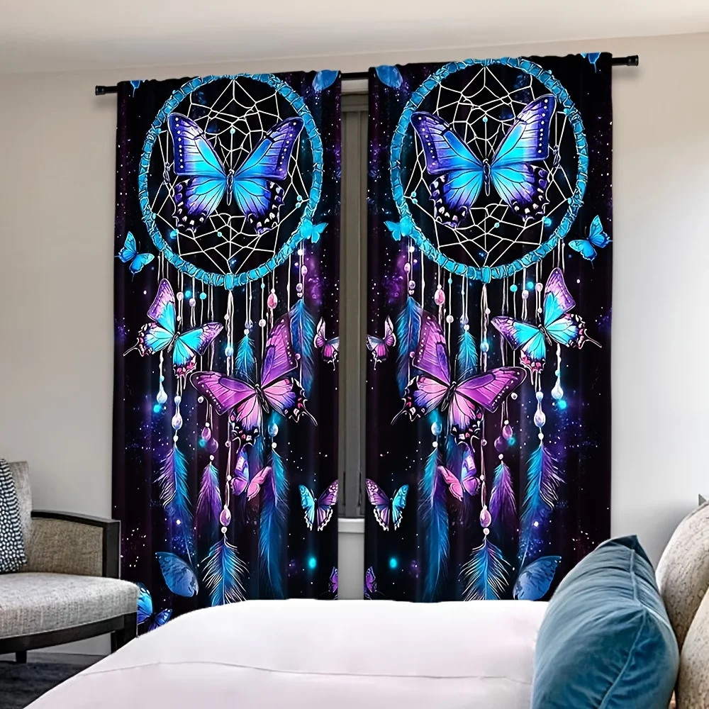 2PC Bohemian Dreamcatcher Butterfly Semi-Blackout Curtains Blue Purple Green Feathers Starry Night Sky for Bedroom Living Room