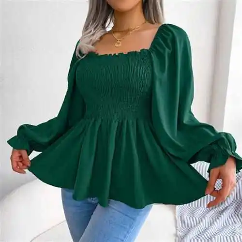 

High Quali Women's Puff Sve irt Sla Ne Tee Faionable Urban Sle Long Sve Cotton Inner Wear Casual Top