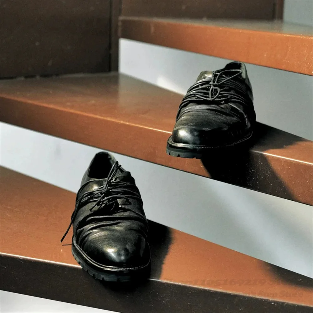 Black Strap Derby Shoes for Men Dark Pleated Thick Sole Height Increasing Trendy Lace Up Commuting Casual Leather Shoes
