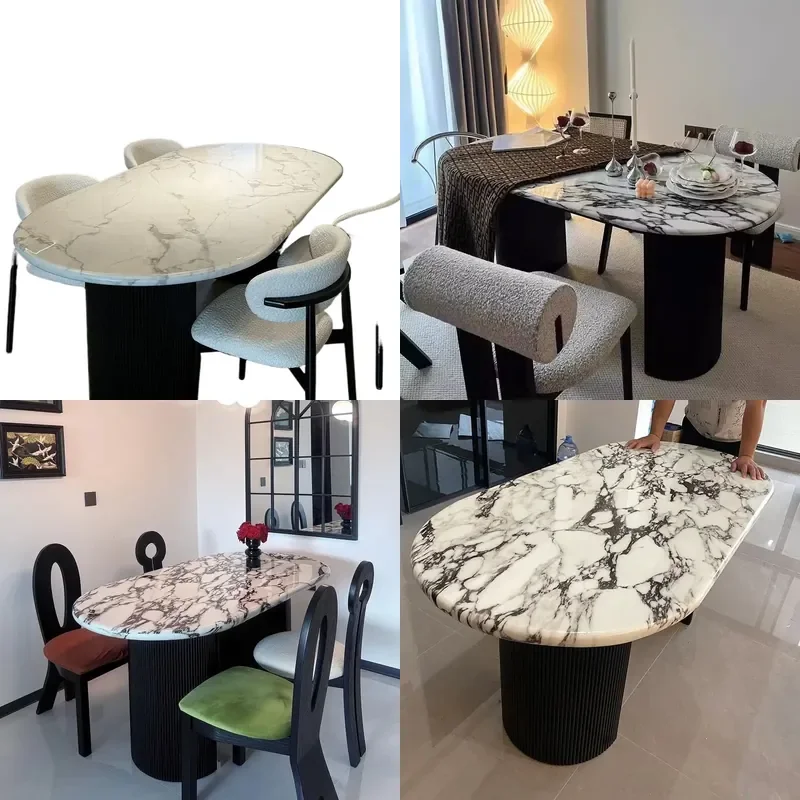 for French Marble Dining Table Cream Style Full Support Baseplate Retro Oval Dining Table for Household