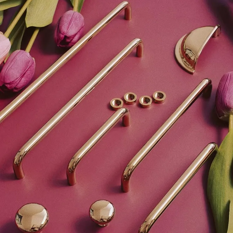 Solid Brass Bright Gold Furniture Handles Modern Luxury Wardrobe Cloakroom Pulls Bedside Cabinet Round Knobs Kitchen Accessories
