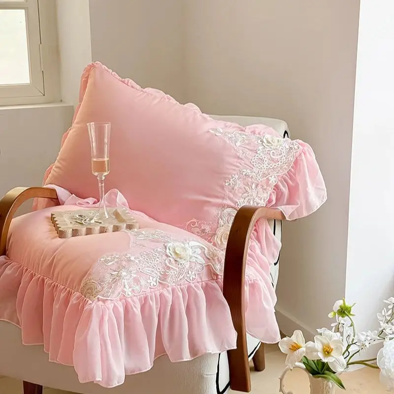 2Pcs Pink White Rose Embroidery Lace Ruffles Pillowcases Cotton Pillow Cover Sweet Princess Decor Bedroom Decorative Pillowslip