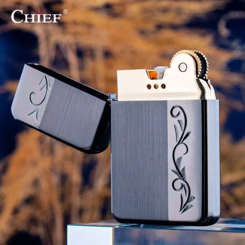 CHIEF New Metal Ultra-thin Portable Kerosiene Lighter Windproof Creative Colorful Multiple Patterns Sand Wheel  Tang Cao Lighter