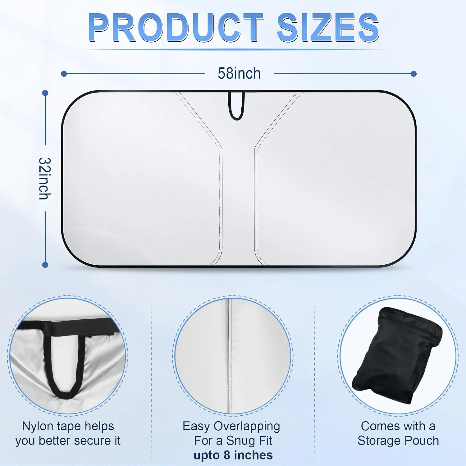 300T Universal Car Windshield Sun Shade, Foldable Reflective for Windshield & Window Shades with Overlapping Design, Car Interior Accessories (58