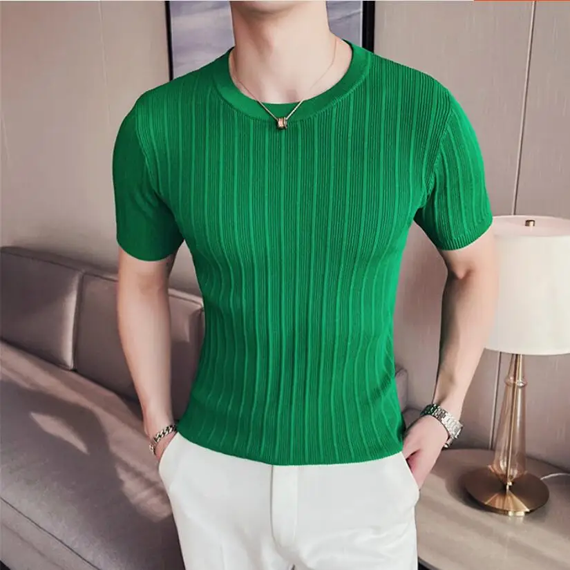 2022 Brand Clothing Men's Summer Leisure Short Sleeve T-Shirt/Male Slim Fit O-Neck Stripe Knitted T-Shirt Plus Size S-4XL