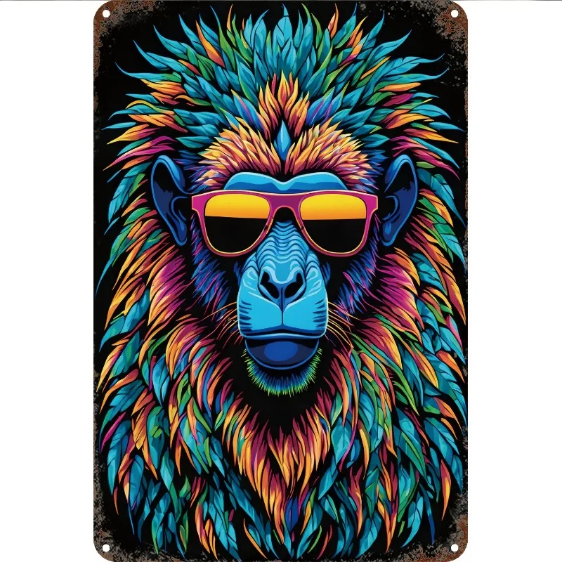 

Vibrant Colorful Monkey Metal Wall Art - Fun Vintage Aluminum Sign with Fashion Glasses & Feathers, 8x12 Inch, Perfect for Home