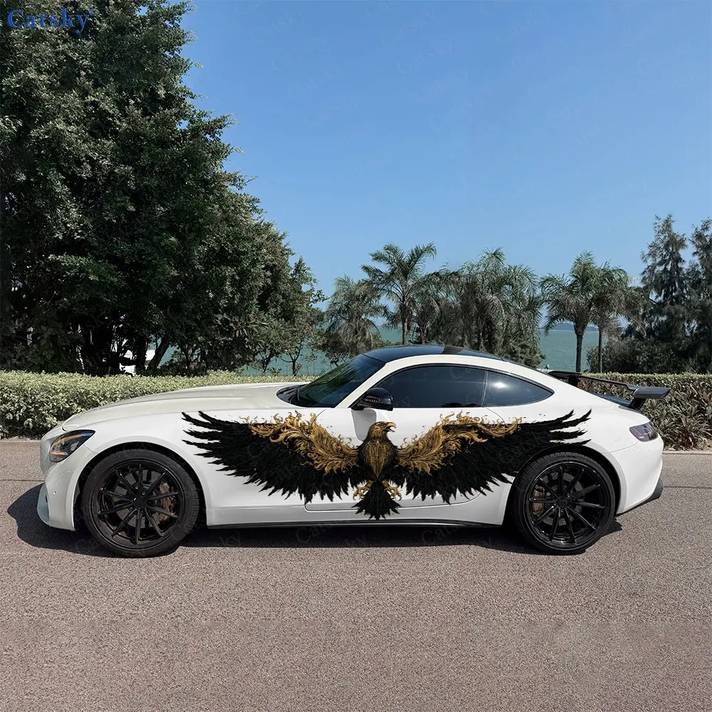 2pcs Gilded Pattern Black Eagle Car Side Wraps, Self-Adhesive PVC Waterproof & Scratch-Resistant Stickers, Car Accessory Gift
