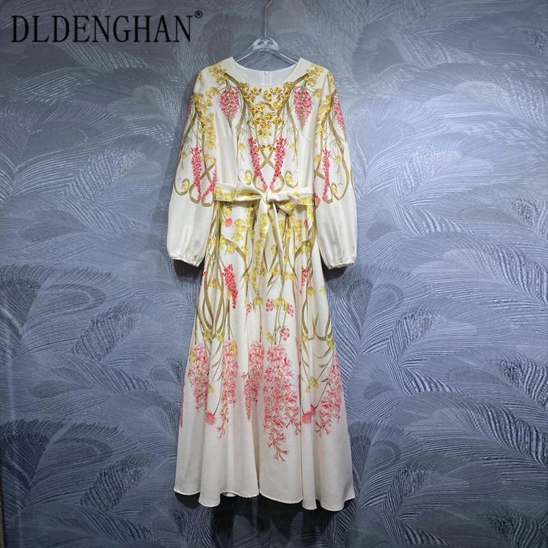 

DLDENGHAN Autumn Crystals Diamonds Dresses Women's O-Neck Lantern Sleeve Floral Print Vintage Lace-up Dresses Fashion Designer