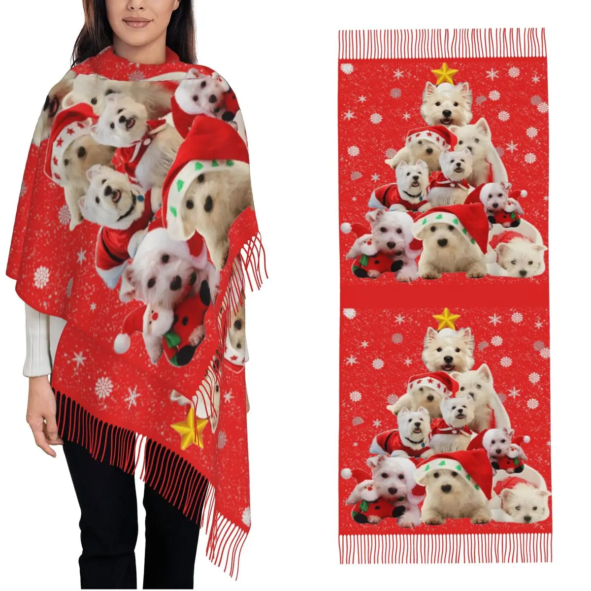 

Westie Christmas Tree Dog Shawl Wrap Women Warm Long Soft Scarf West Highland Terrier Dog Neckerchief Tassel Scarves