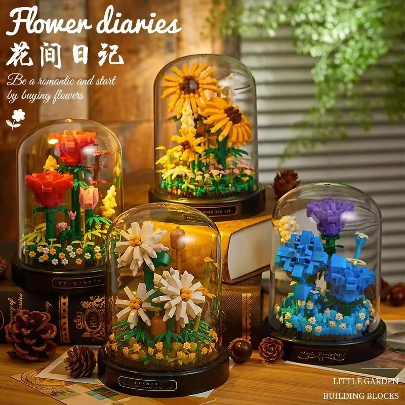 Creative Romantic Sunflower Rose Bouquet Building Blocks Flower Home Desk Plant Decoration Assemble Bricks Toys Girls Adult Gift