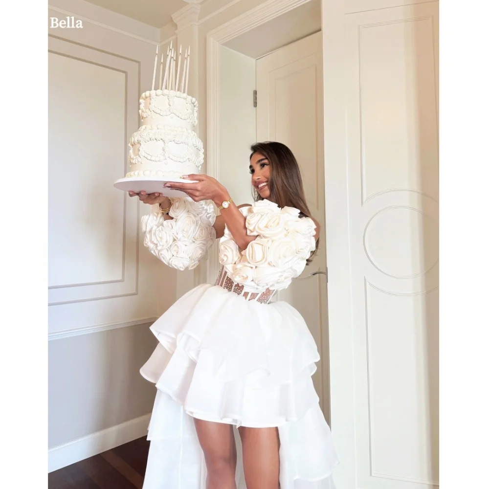 

Bella Customized White 3D Flowers Sleeves robes de soirée Trailing Strapless Multi-Layered Party Dresses Lace Prom Dress 2025