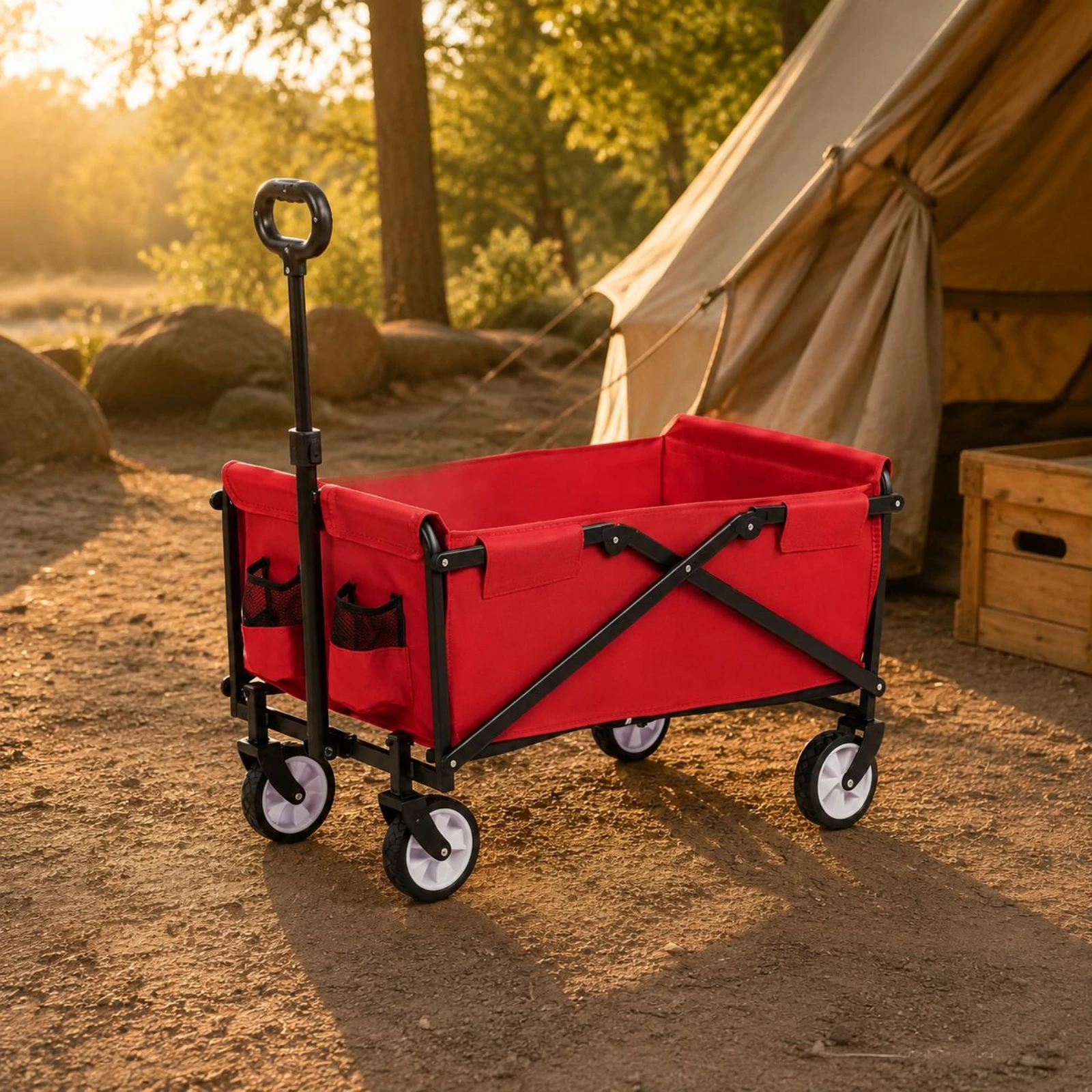 

Collapsible Utility Wagon Metal Frame Folding Utility Wagon Outdoor Carrier Four Wheels Transport Gear Mesh Pockets