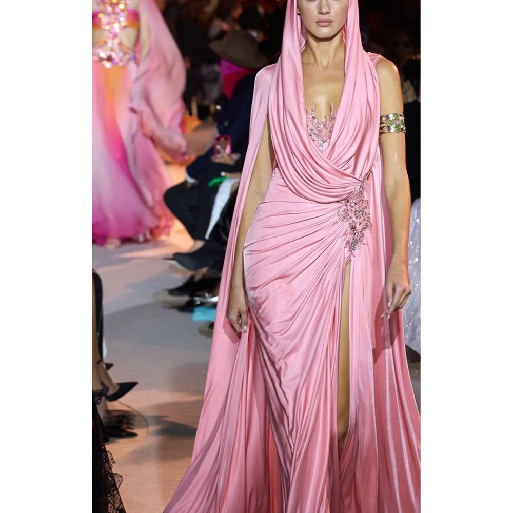 

Exquisite Women Evening Dress Flower Applique Floor Length Side Split Pink Luxury Lady Evening Dress