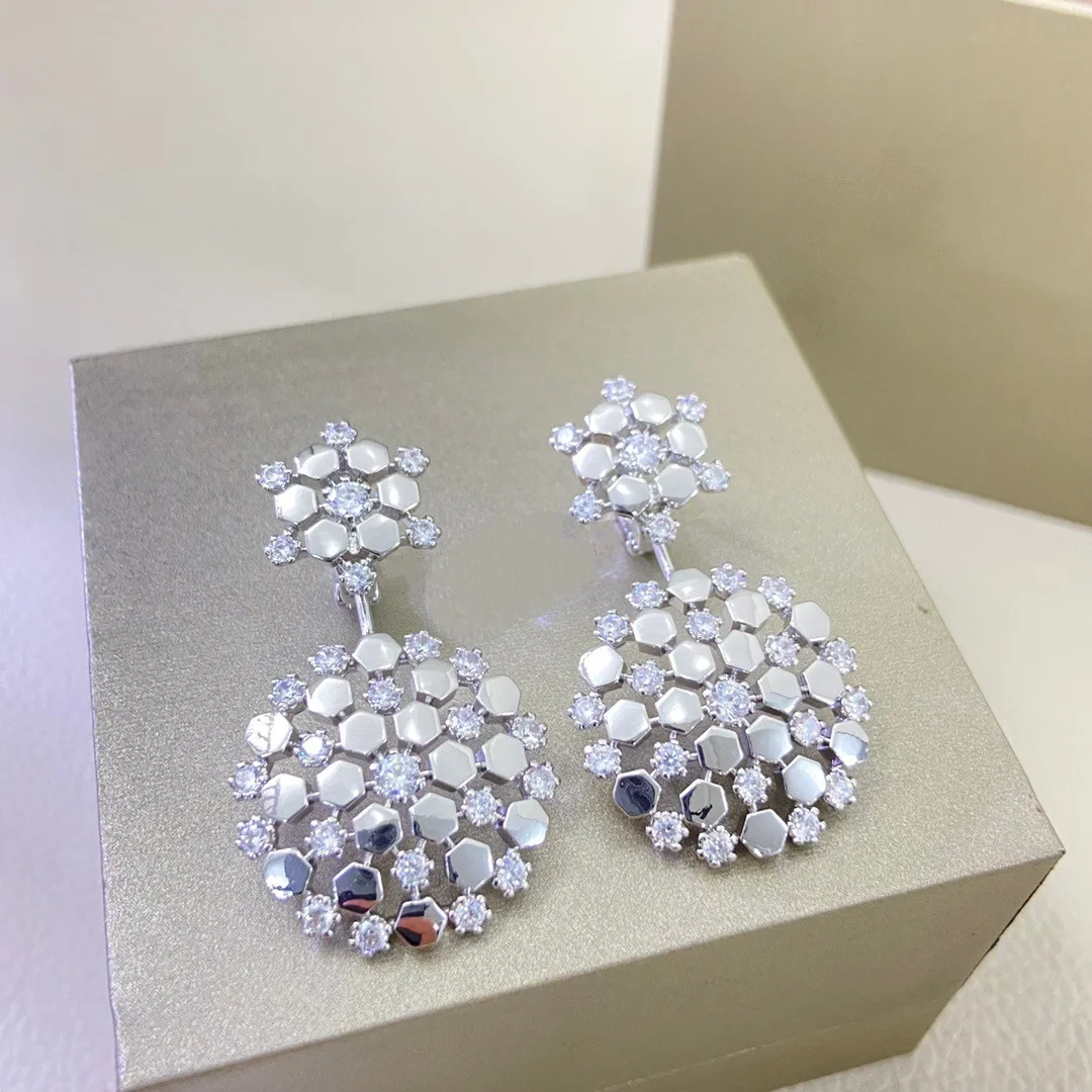925 Sterling Silve Honeycomb Snowflake Earring Pave 5A Zirconia Stud Earrings For Women Fine Jewelry