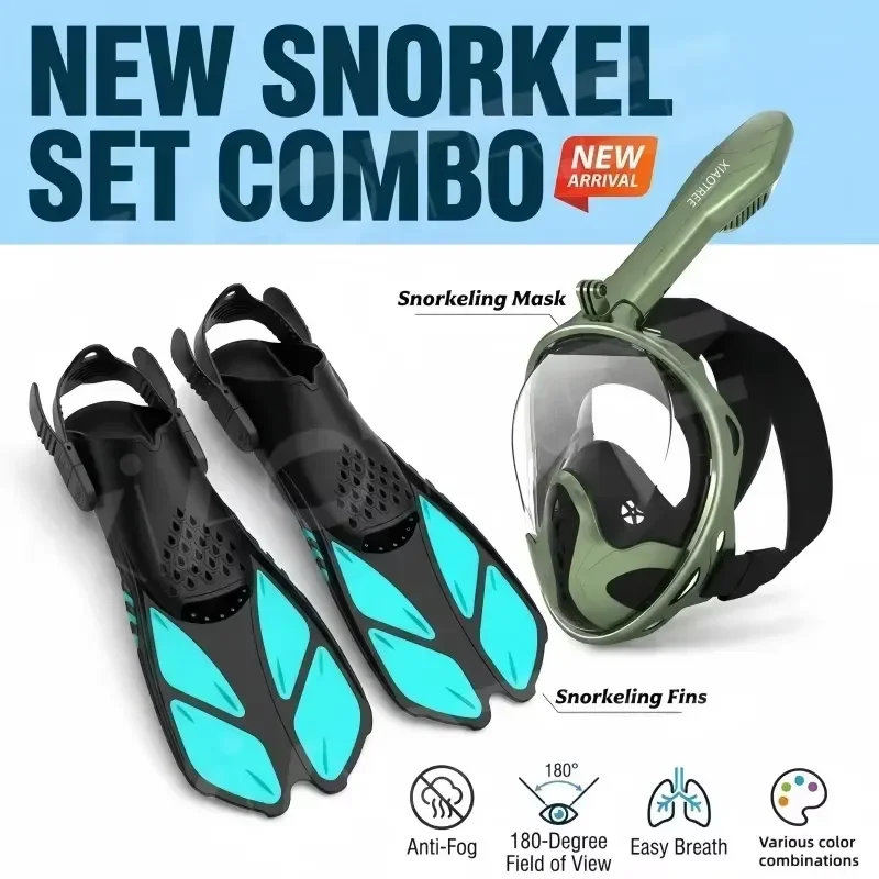 Adult Teen Snorkeling Set Full Face Mask Anti Fog Leak Proof Adjustable Fins 2 Piece Swimming Gear for Water Sports Diving 2