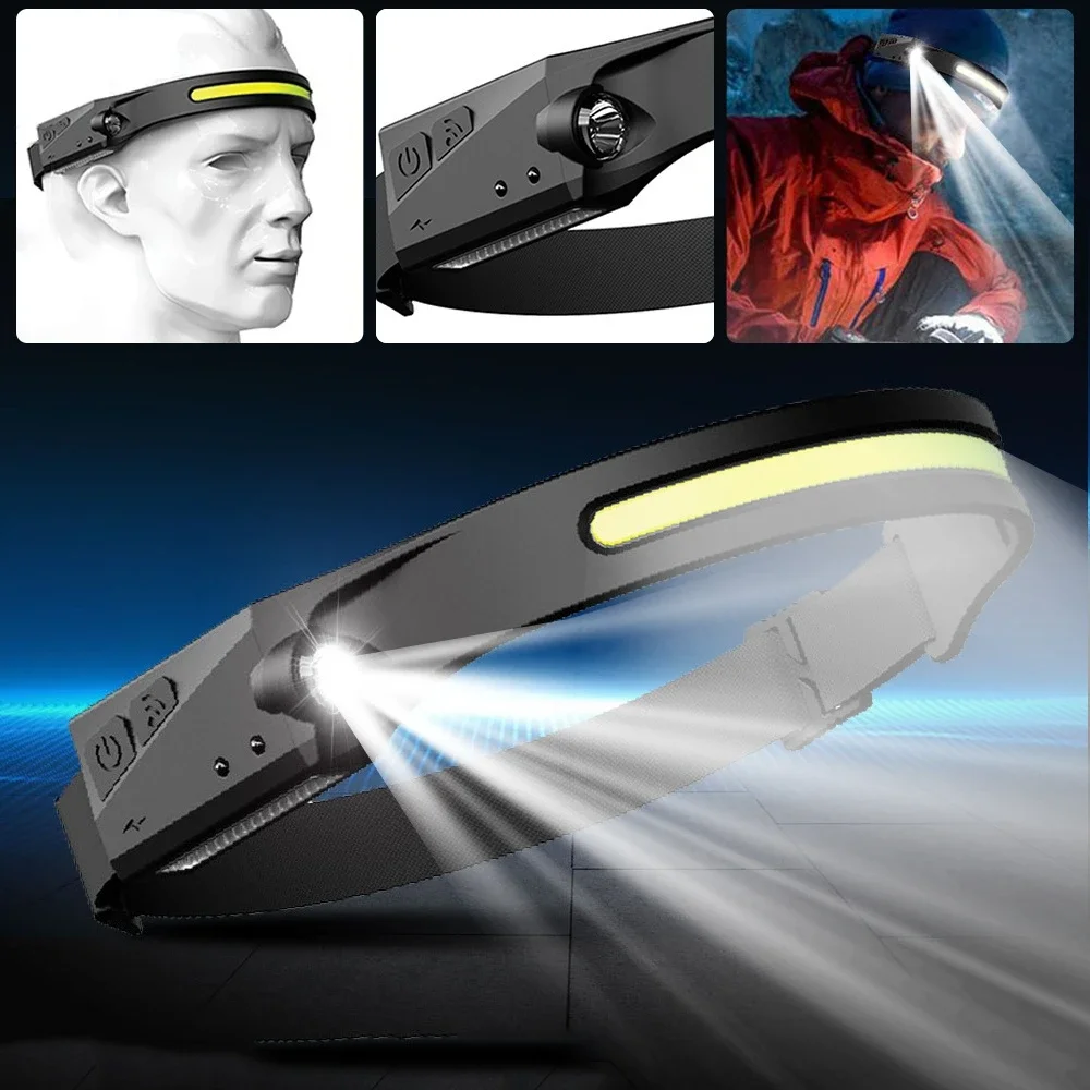 USB Rechargeable Headlamp Induction COB+XPE LED Head Torch 5 Light Modes Headlight Built-in 1200 mAh Battery for Camping Hiking