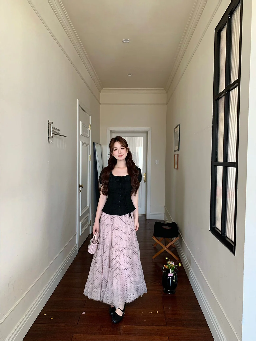 

Pink Bla Color Blo Gentle Wind Long Sve irt And f Length Skirt Set Women's Faion Spring Summer Outfit High Waist