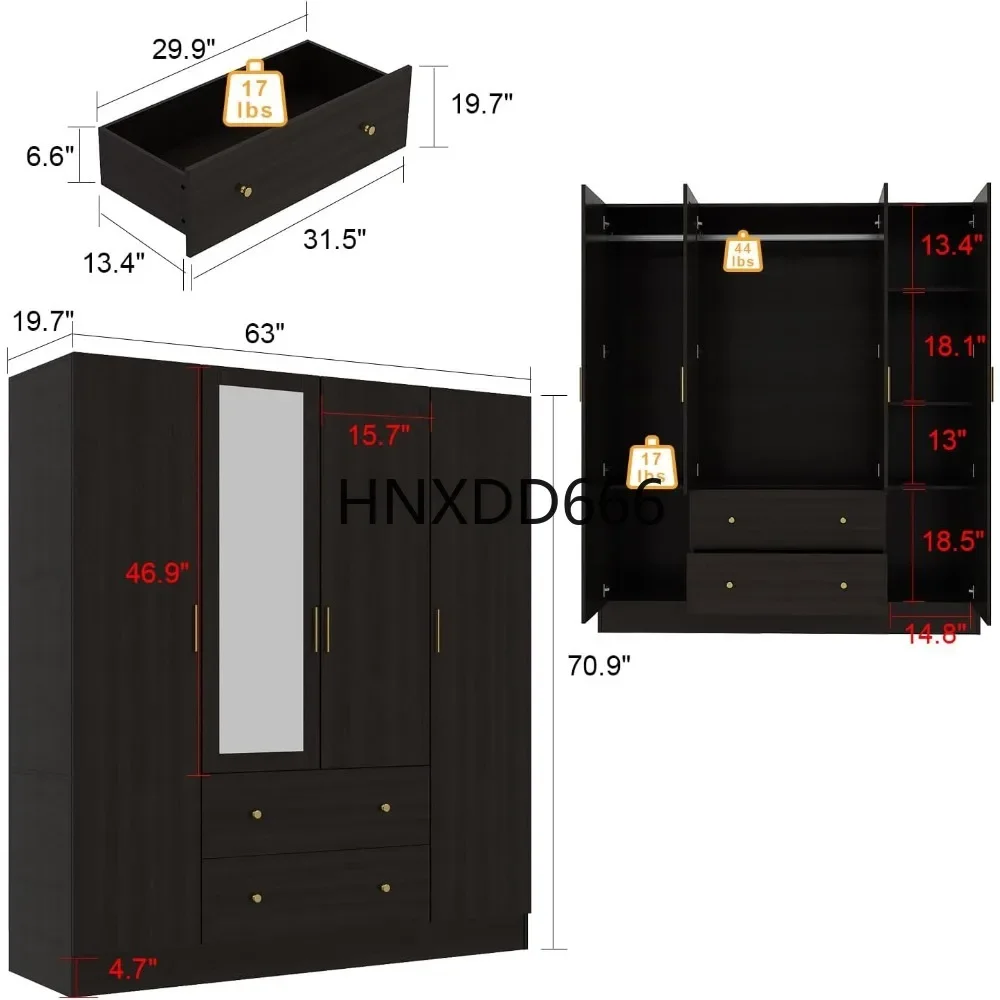 Dark Brown Wardrobe Armoire with Mirror, 5-Tier Shelves, 2 Drawers, 2 Hanging Rods and 4 Doors, Wardrobes