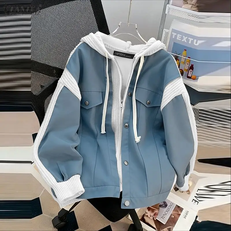 ZANZEA Autumn Winter Hoodies Sweatshirts Women Fashion Long Sleeve Color Patchwork Hooded Casual Zipper Loose Coats Cardigans