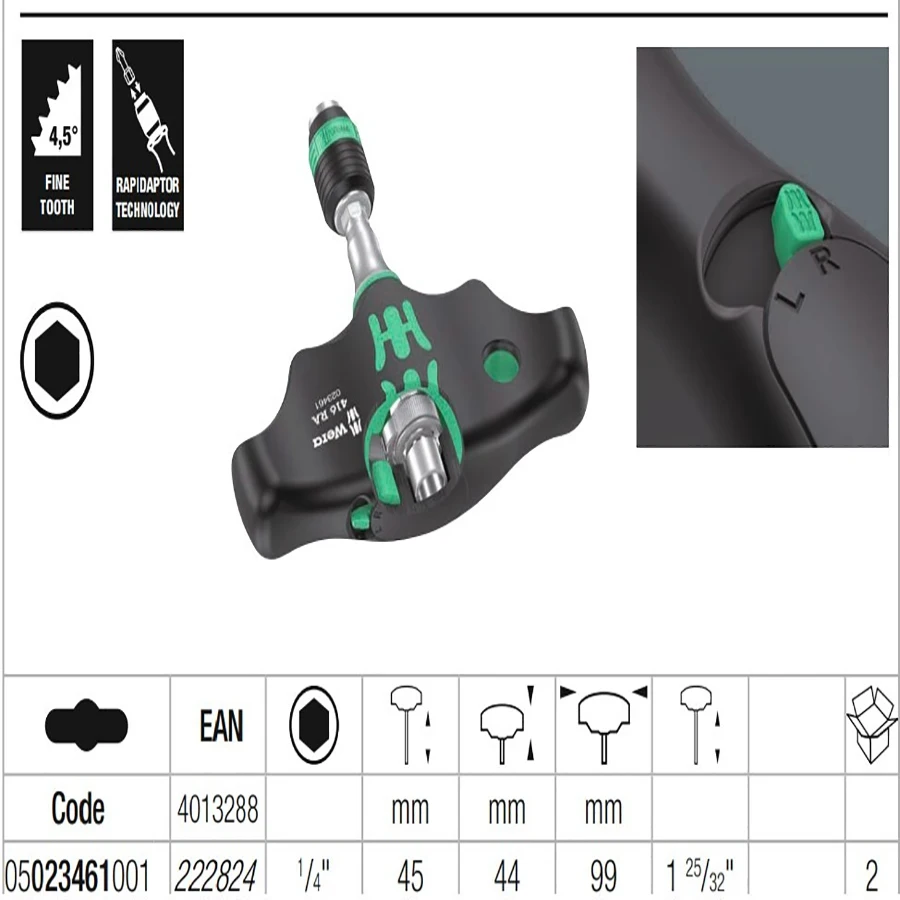 WERA 05023461001 T-Handle Bitholding Screwdriver with Ratchet Function and Quick-Release Chuck 1/4\