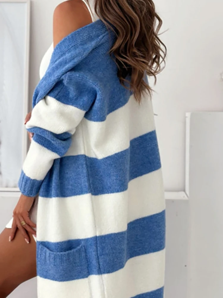 Autumn Causal Long Sleeve Pocket Outerwear 2025 Winter Fashion Loose Knitted Coats Elegant Color Blocking Splicing Long Cardigan