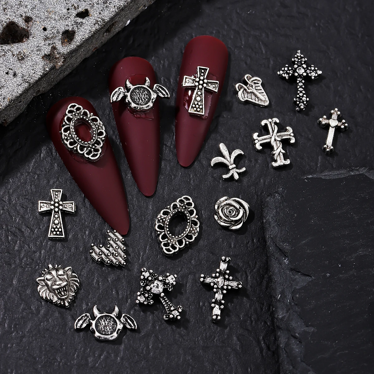 30 retro silver cross and other styles randomly mixed with nail decoration, alloy rhinestone, y2k metal wind DIY nail decoration