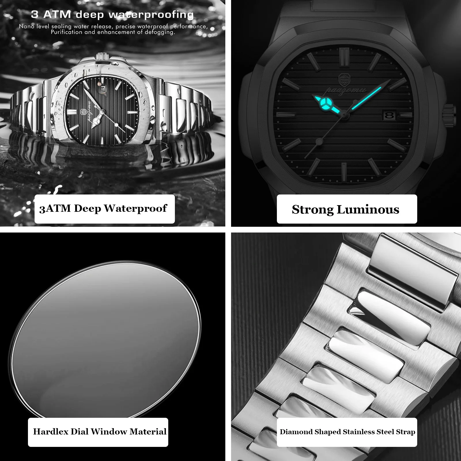 PAAZOMU Luxury Watch Business Waterproof Male Clock Luminous Date Stainless Steel Square Quartz Men Watch reloj hombre 2024 New