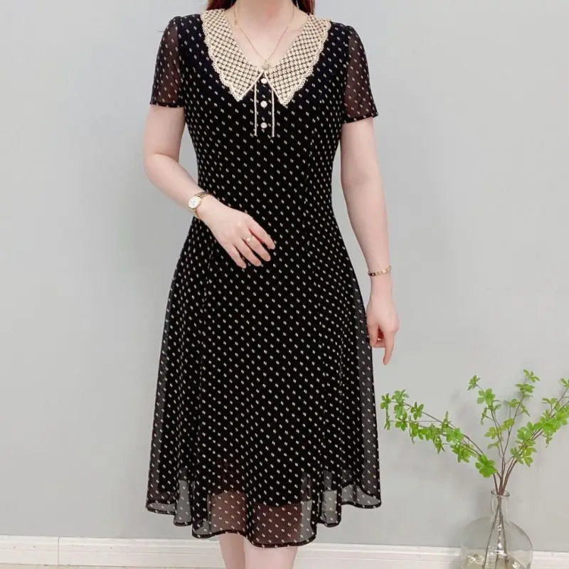 Women's Clothing Summer Pullover Button Turn-down Collar Polka Dot Printing Ball Gown Knee Skirts Trendy Flattering Dresses