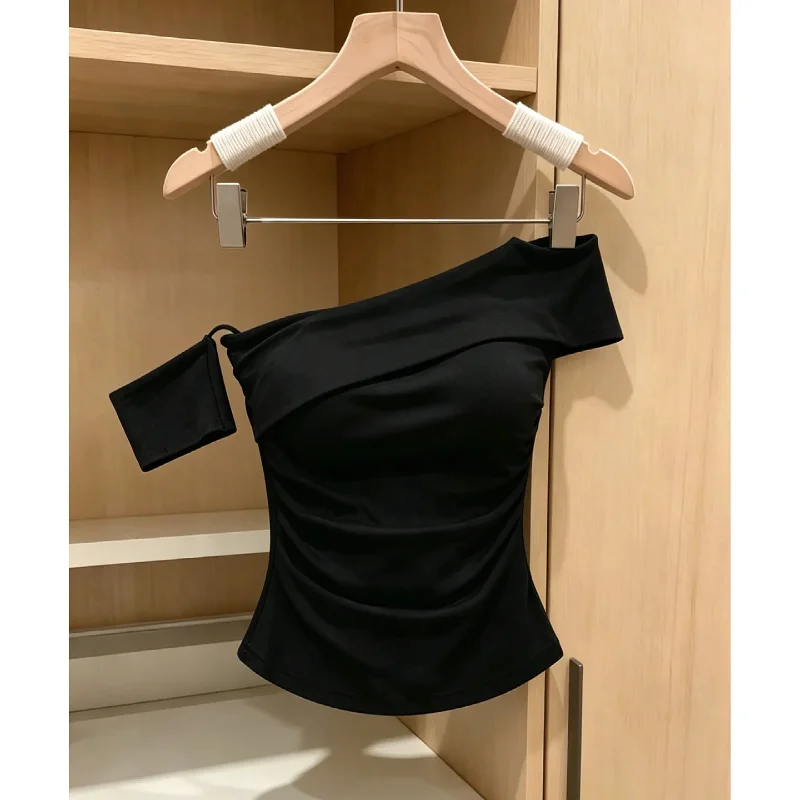 Sexy Asymmetrical Shoulder Tube Top Vest Women's Summer Pleated Slim Sweet Girl Top Eye-Catching Fashionable Casual Wear