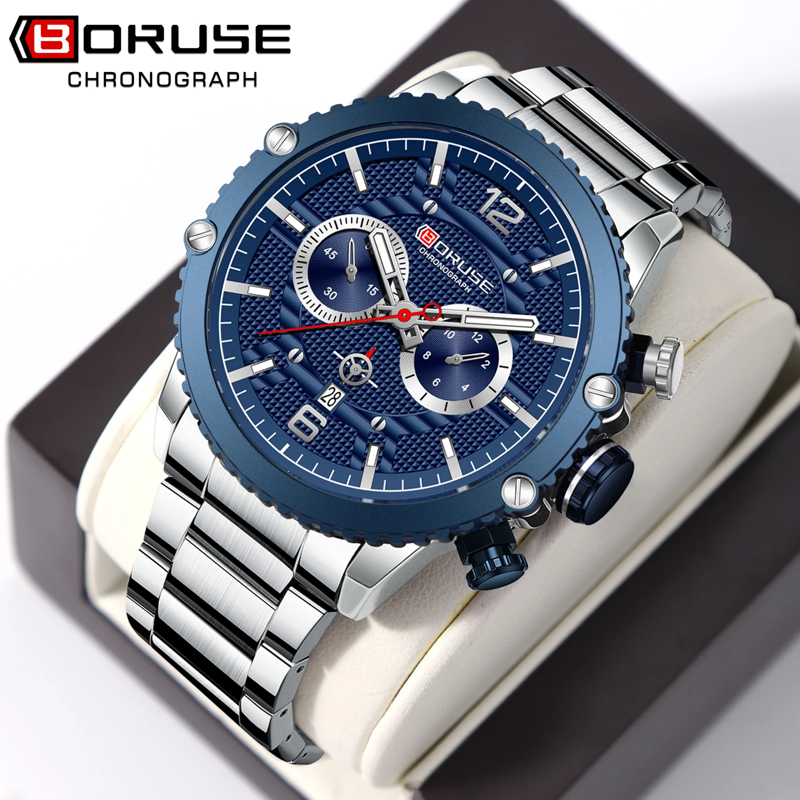 BORUSE Men Luxury Silver Chronograph Quartz Watches Man Business Stainless Steel Sport Watch Waterproof Calendar Clock