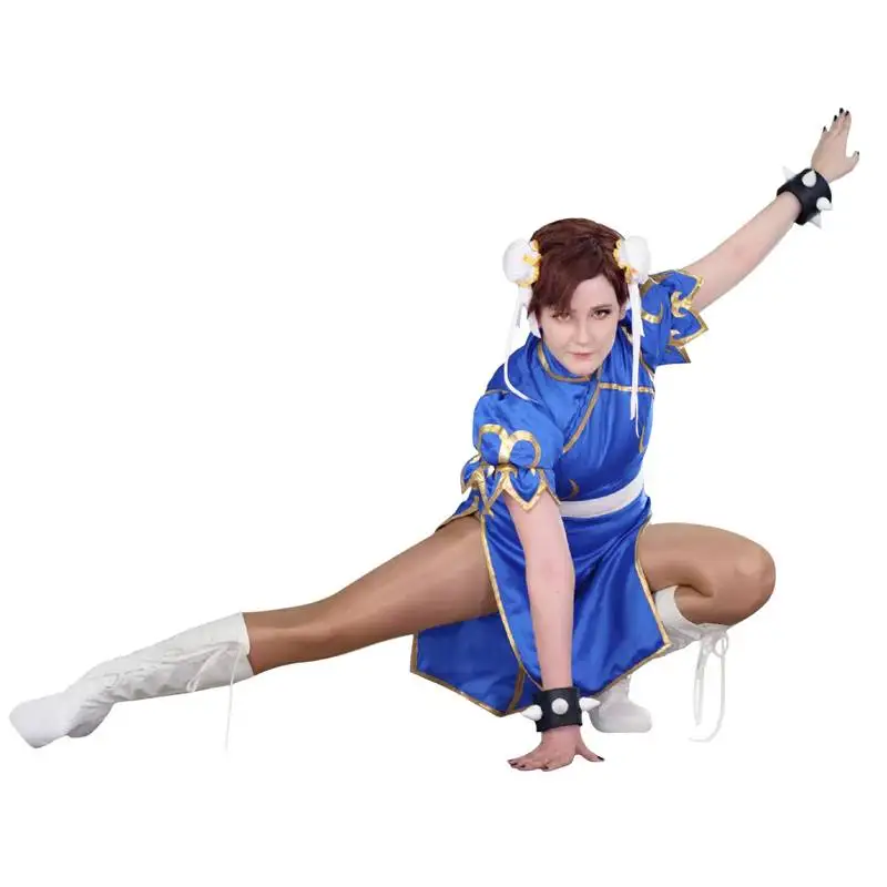 

DAZCOS Games Chun Li Cosplay Costume Anime Street Fighter Cosplay Costume Blue Cheongsam with Hair Accessories and Waistband