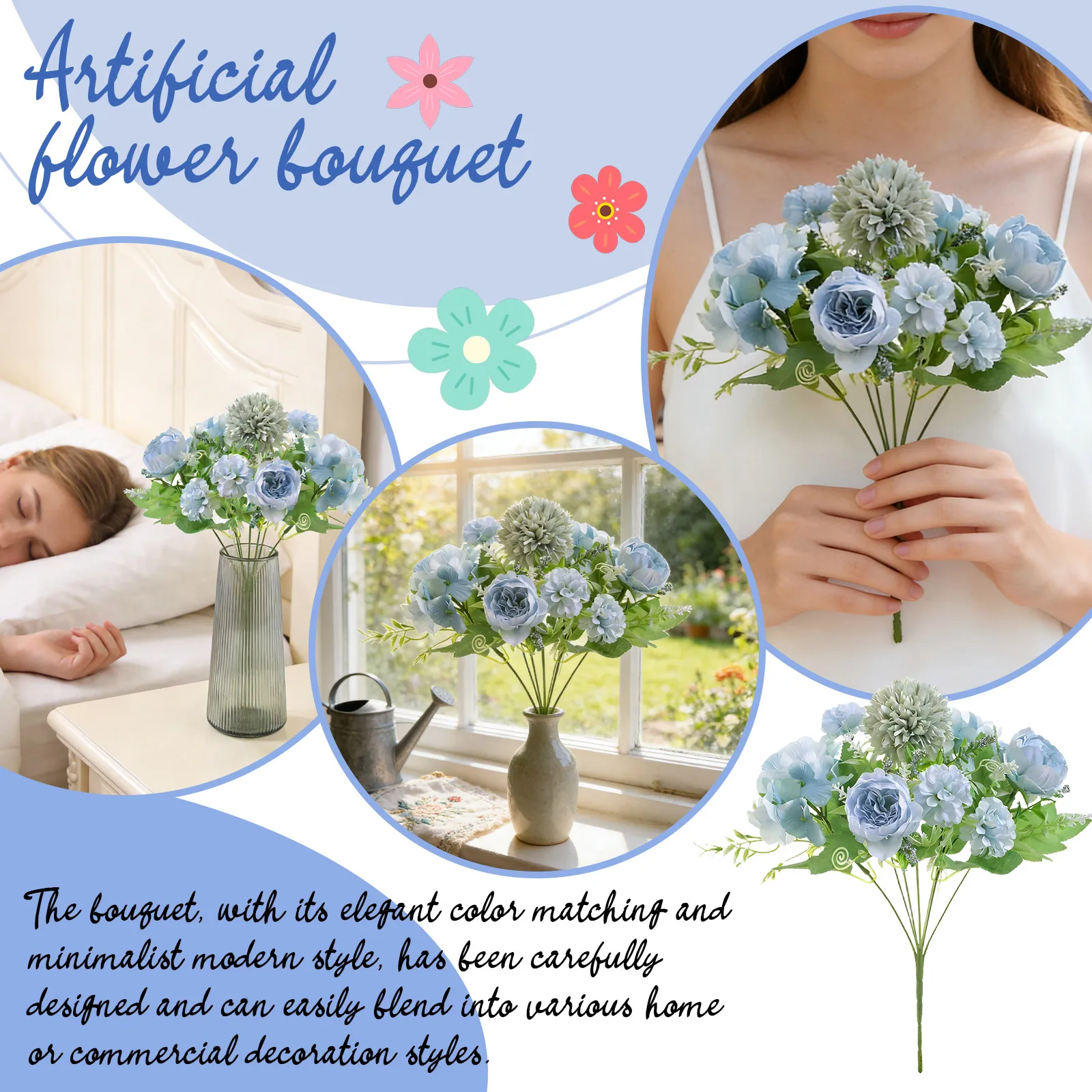 

Искусственные цветы: 7-головые разноцветные гортензии и розы, красивые искусственные шелковые цветы, букет для свадьбы, Дня святого Валентина, свадебный букет