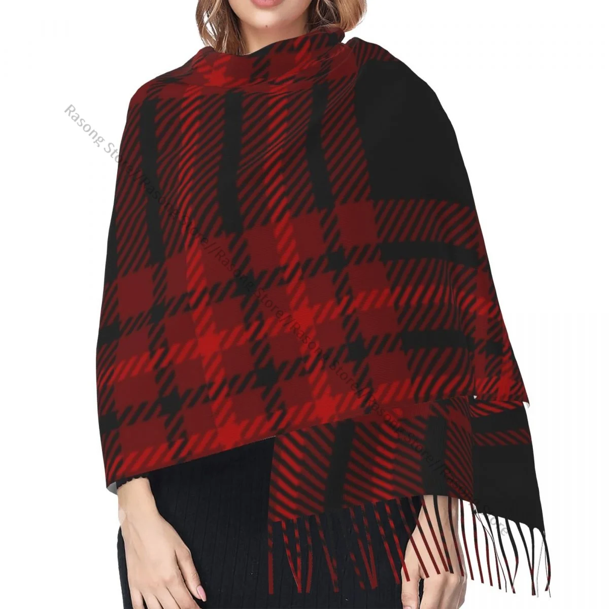 Bufanda con borlas grande 196*68cm Pashmina invierno cálido chal Bufanda femenina Borgoña y negro bufandas de Cachemira a cuadros