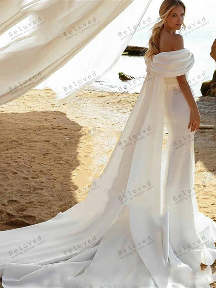 Elegante Trouwjurken Klassieke Satijnen Bruidsjurken Van De Schouderschede Zeemeermin Sweep Gewaden Glamoureuze Vestidos De Novia