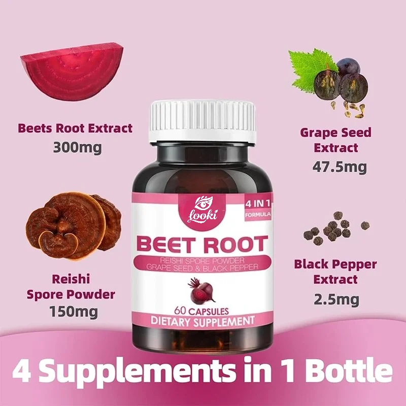 4-in-1 Supplement Containing Grape Seed Extract, Mushrooms, Black Pepper, and Healthy Circulation, 60 Capsules