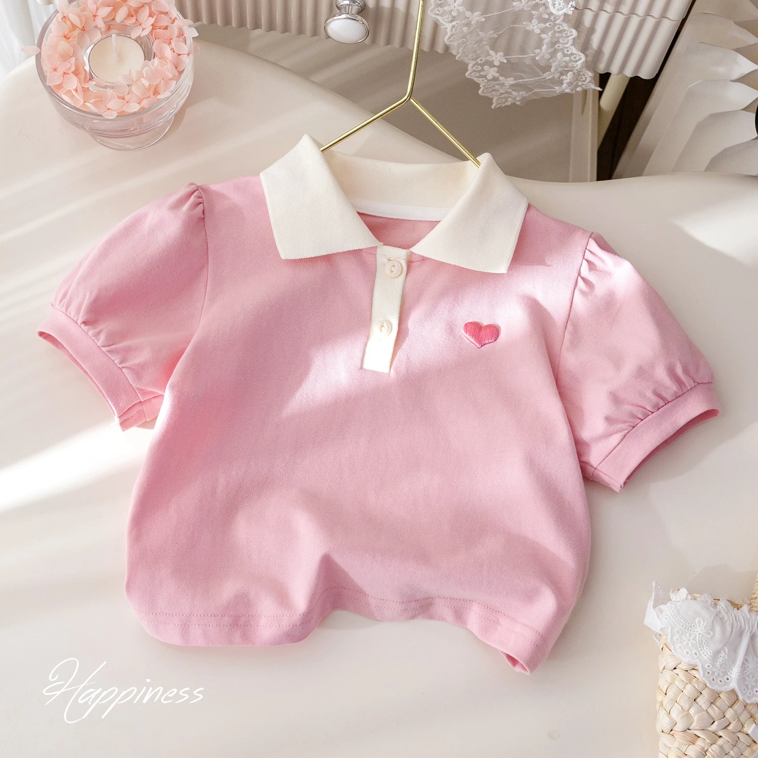 طفل الفتيات الحب المطرزة قصيرة الأكمام تي شيرت الصيف عادية الوردي التلبيب تيز لطيف الفتيات بلايز الاطفال الملابس